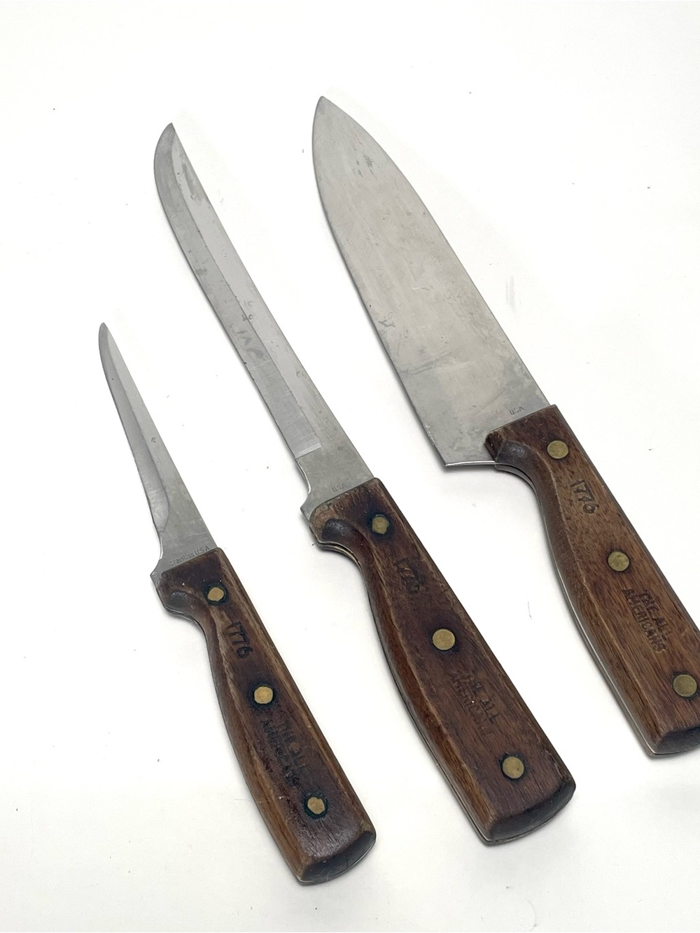 Vintage 1776 The All Americans Knife Set 3 Pc USA Chef Slicing Paring Walnut